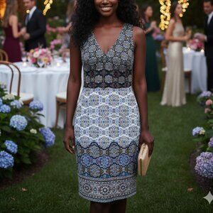 Maggy London Dress Sz 8 Women Blue Kaleidoscope Fit Flare Boho Office City Hip